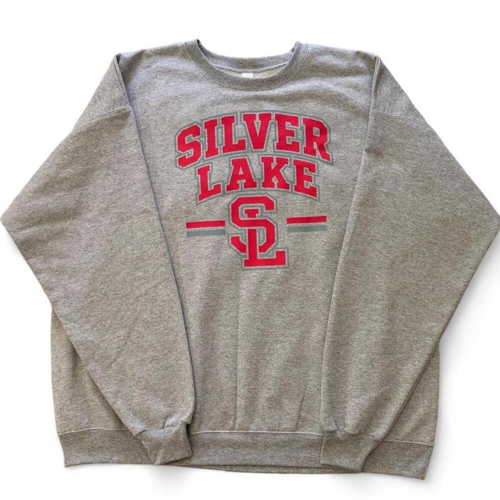 Silver Lake College Crewneck Sweatshirt with red text reading 'SILVER LAKE' with